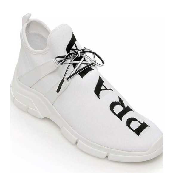 Prada Mens XY Logo Sock White Black Knit Flat Trainer Sneaker UK 12 US 13 14 - Picture 1 of 12